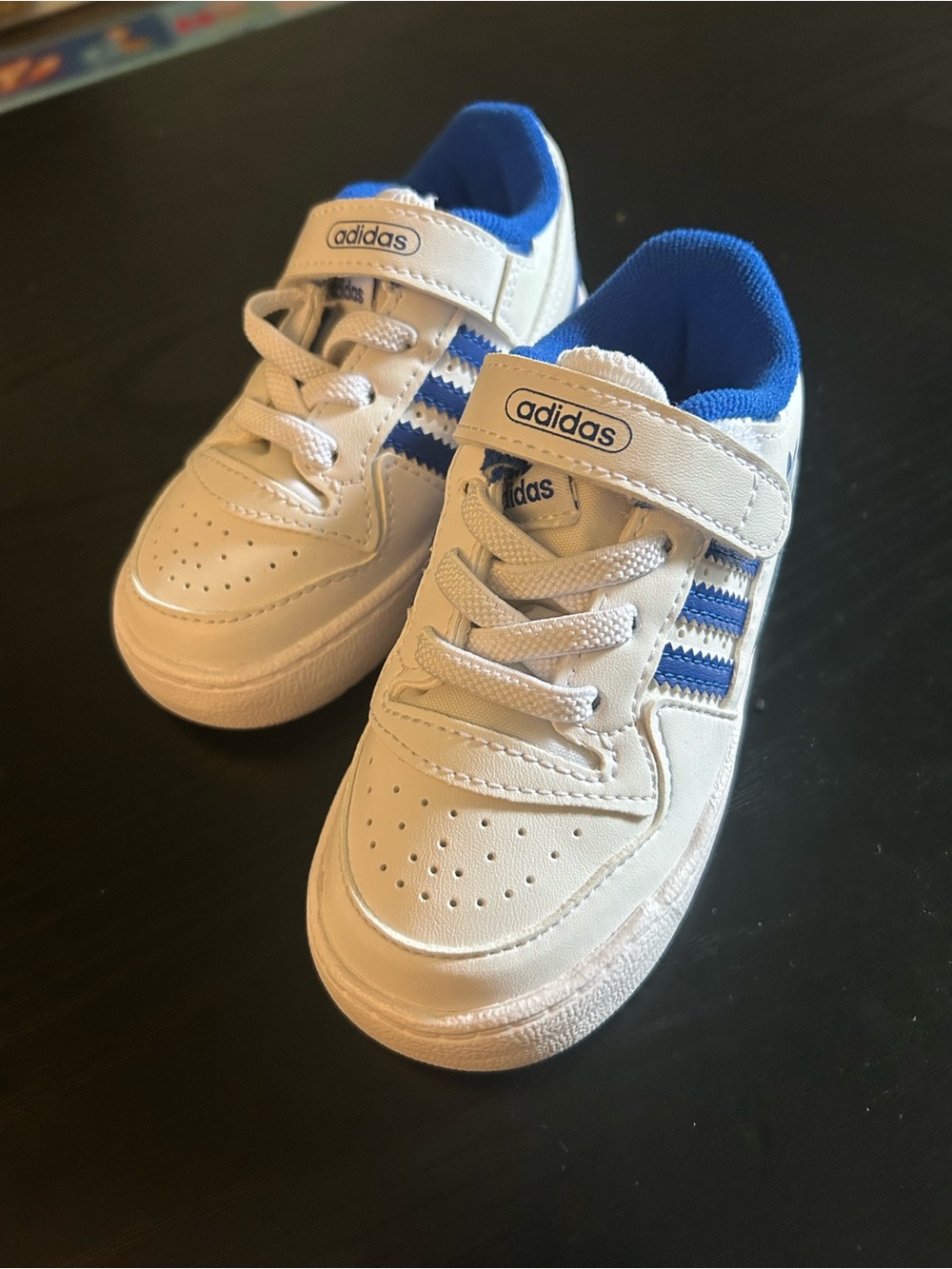 adidas Kids White Sneakers with Blue Accents Velcro
